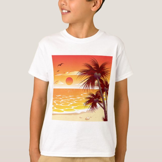 Tropical Sunset Beach Palm Tree Island T Shirt (Framsida)