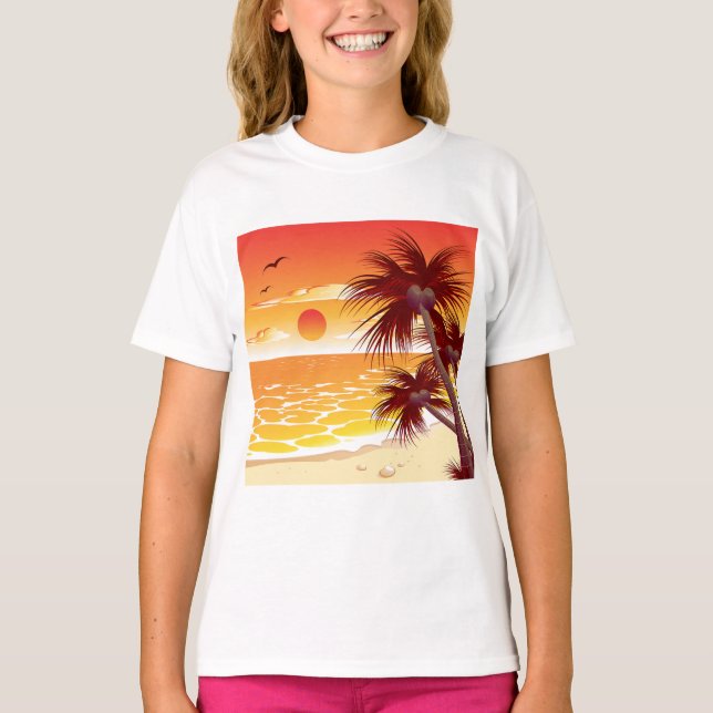 Tropical Sunset Beach Palm Tree Island T Shirt (Framsida)