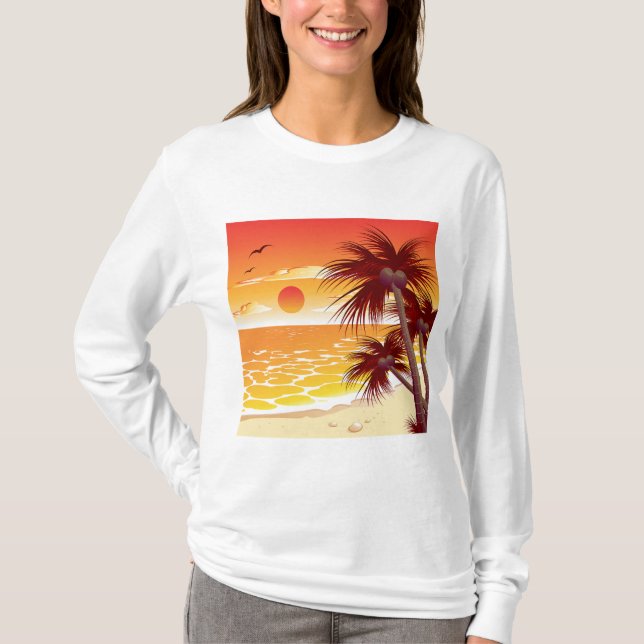 Tropical Sunset Beach Palm Tree Island T Shirt (Framsida)