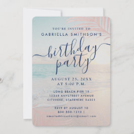 Tropical Sunset Beach Rosa Birthday Shimmer Papper Inbjudningar