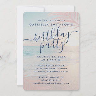 Tropical Sunset Beach Rosa Birthday Shimmer Papper Inbjudningar