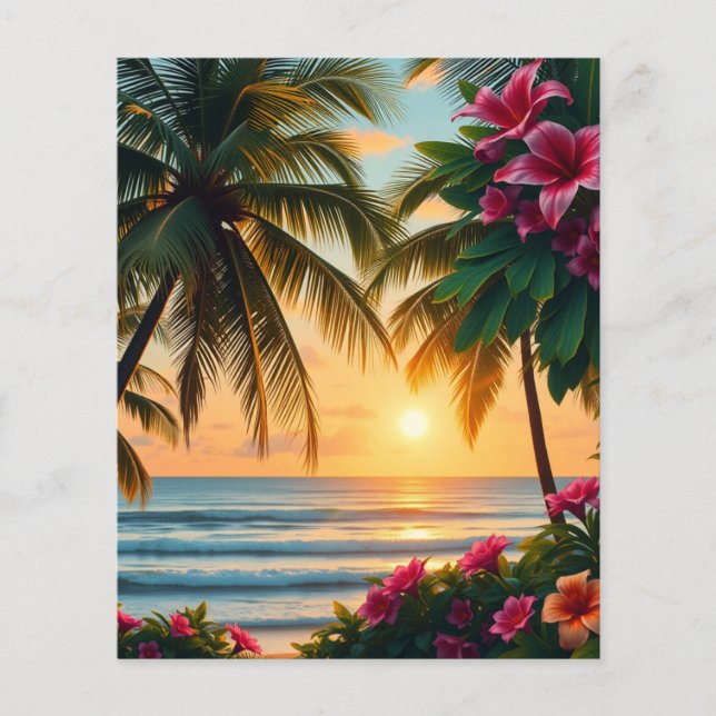 Tropical Sunset Beach Scene med Handflatan Träd Flygblad (Framsidan)