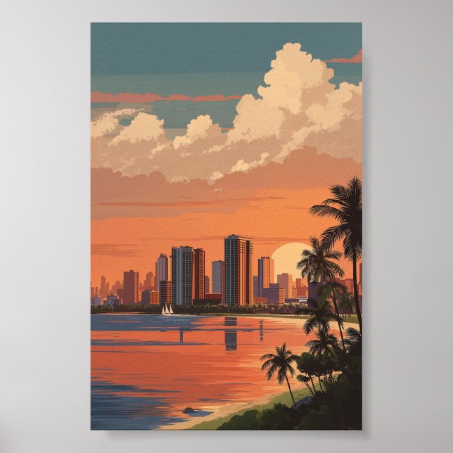 Tropical Sunset Cityscape - Handflatan Träd och Sk Poster (Framsidan)