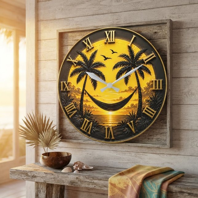Tropical Sunset Hammock Luxury Coastal Beach Decor Stor Klocka (Skapare uppladdad)