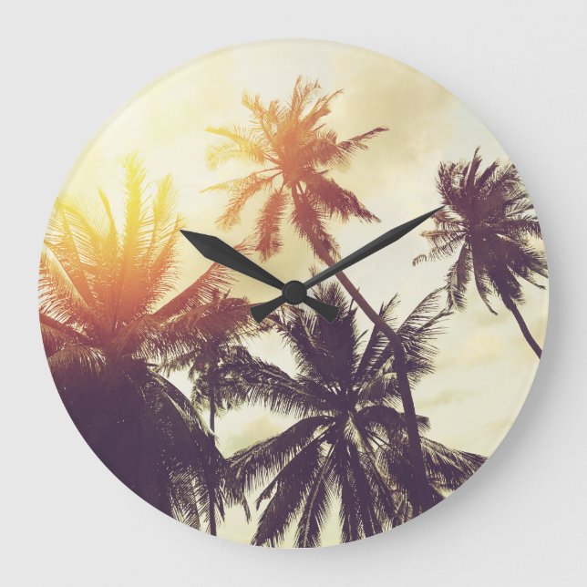 Tropical Sunset: Handflatan Silhouette Vintage Stor Klocka (Framsida)