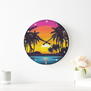 Tropical Sunset Handflatan Träd Beach Stor Klocka