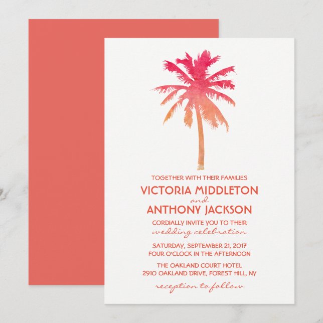 Tropical Sunset Handflatan Träd Beach Wedding Inbjudningar (Fram/baksida)