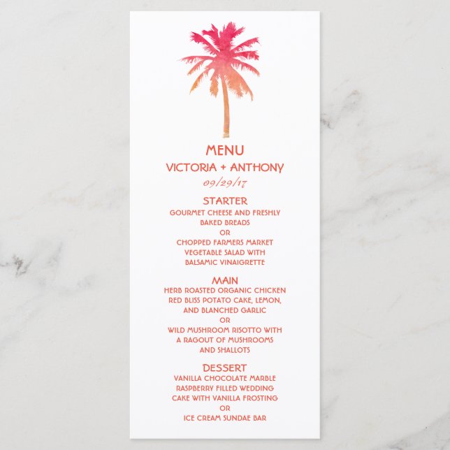 Tropical Sunset Handflatan Träd Beach Wedding Menu Meny (Framsida)