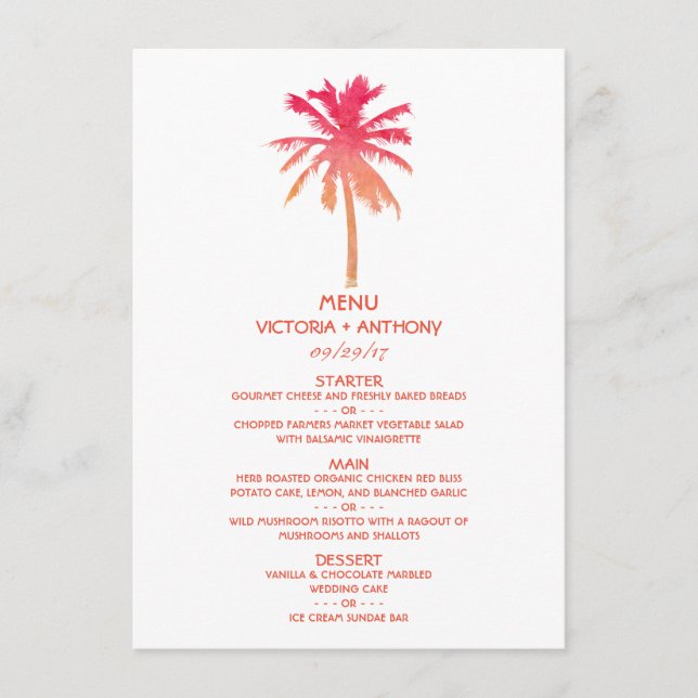 Tropical Sunset Handflatan Träd Beach Wedding Menu Meny (Framsida)
