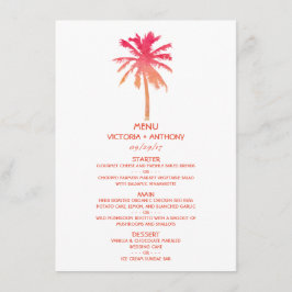 Tropical Sunset Handflatan Träd Beach Wedding Menu Meny
