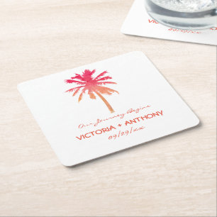 Tropical Sunset Handflatan Träd Beach Wedding Underlägg Papper Kvadrat