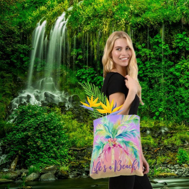 Tropical Sunset Handflatan Träd Life är en båge Tygkasse (This colorful tropical tote bag features a pastel palm tree on a sunset background. Life is a Beach!)