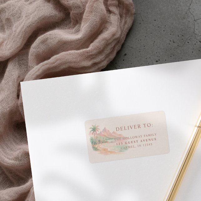 Tropical Sunset Island Beach Watercolor Wedding Adressetikett (Tropical Sunset Island Beach Watercolor Wedding Label)
