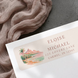 Tropical Sunset Island Beach Watercolor Wedding Returadress Etikett