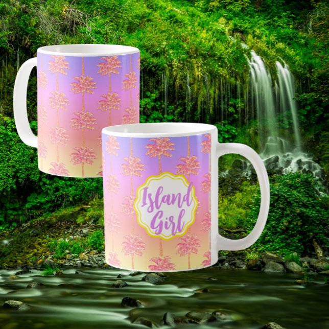 Tropical Sunset Island Girl Rosa Handflatan Träd M Kaffemugg (Personalize it!)