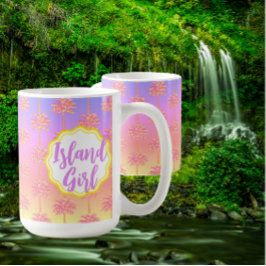 Tropical Sunset Island Girl Rosa Handflatan Träd M Kaffemugg