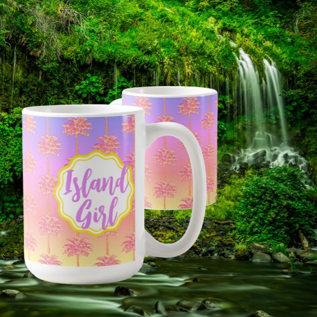 Tropical Sunset Island Girl Rosa Handflatan Träd M Kaffemugg (Personalize it! 2 sizes)