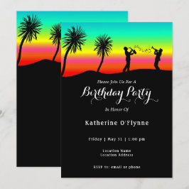 Tropical Sunset Musician Silhouette Birthday Inbjudningar