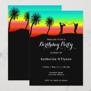 Tropical Sunset Musician Silhouette Birthday Inbjudningar