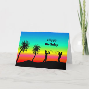 Tropical Sunset Musician Silhouette Birthday Kort
