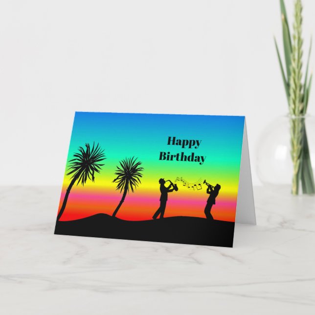Tropical Sunset Musician Silhouette Birthday Kort (Framsida)