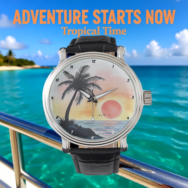 Tropical Sunset Ocean Scene with Palm Trees Armbandsur (Skapare uppladdad)