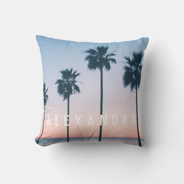 Tropical Sunset Ombre Rosa & Blue Handflatan Träd Kudde (Framsida)