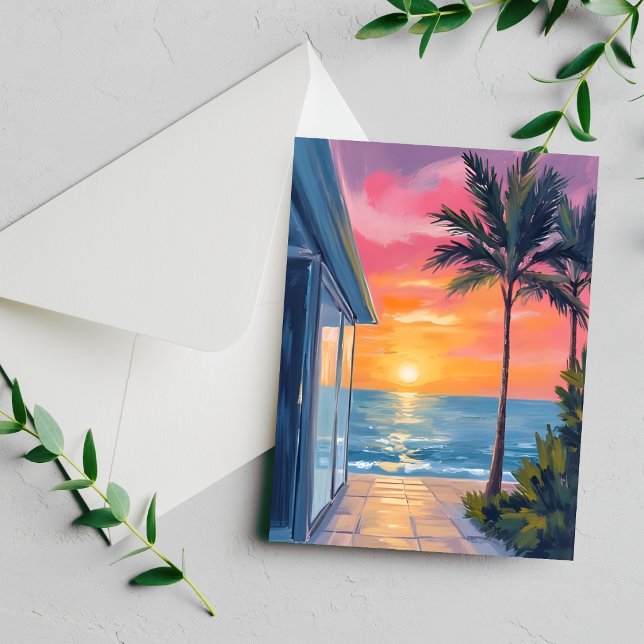 Tropical Sunset Palm Beach Ocean Watercolor Card (Skapare uppladdad)