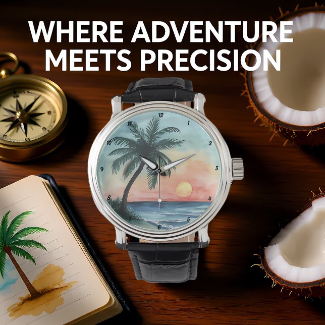 Tropical Sunset Palm Ocean Waves Armbandsur (Skapare uppladdad)