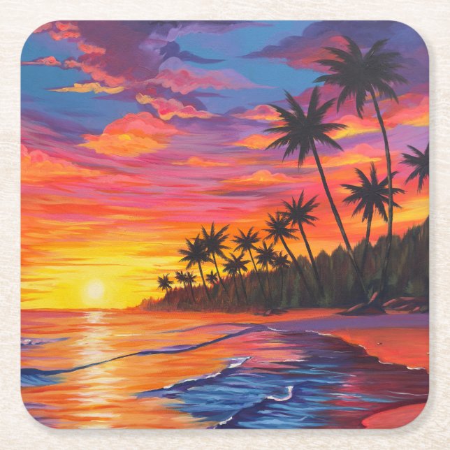 Tropical Sunset Paper Beverage Coaster Underlägg Papper Kvadrat (Framsidan)