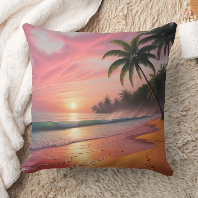 Tropical Sunset Paradise Beach Scene Kudde (Filt)