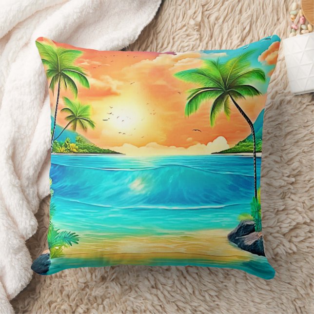 Tropical Sunset Paradise Beach View Kudde (Filt)