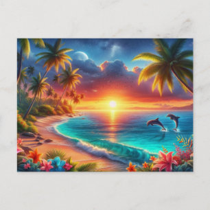 Tropical Sunset Paradise Painting Vykort