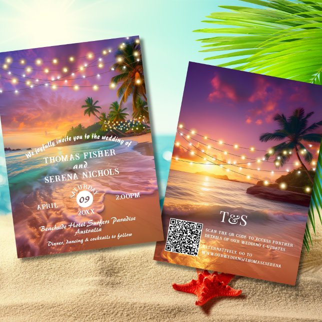Tropical Sunset QR Code Beach Wedding Inbjudningar (Skapare uppladdad)
