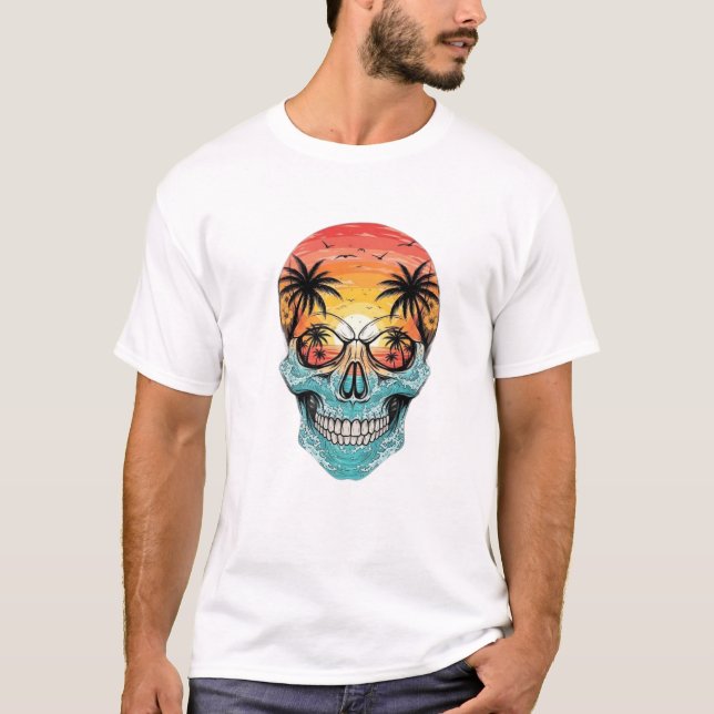 Tropical Sunset Skull | Beach Palm Tree Ocean Wave T Shirt (Framsida)