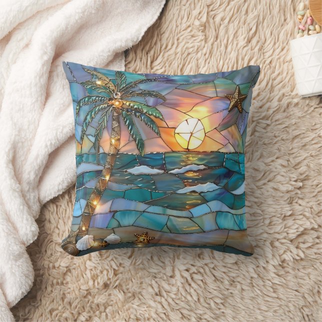 Tropical Sunset Stained Glass Pillow Kudde (Filt)
