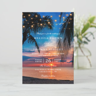Tropical Sunset String Lights Palm QR Code Wedding Inbjudningar