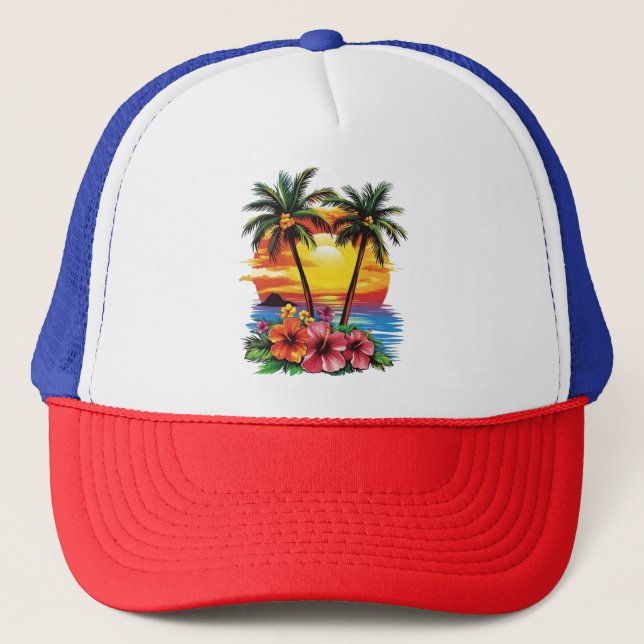 Tropical Sunset Truckerkeps - Handflatan Träd & Hi (Framsida)