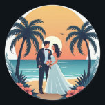 Tropical Sunset Wedding Sticker Runt Klistermärke<br><div class="desc">Celebrate your love with this romantic sticker depicting a couple on their wedding day against a beautiful beach sunset with palm trees.</div>