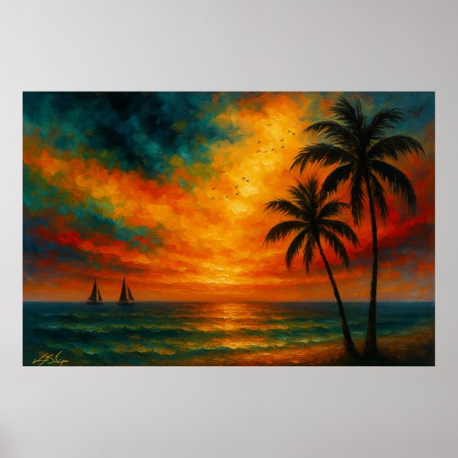 Tropical Sunset with Sailboats Poster (Framsidan)