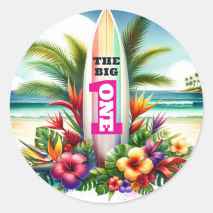 Tropical Surfboard The Big ONE 1-års födelsedagsfe Runt Klistermärke