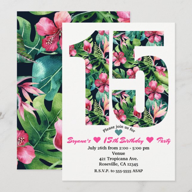 Tropical Sweet 15 15-års födelsedagsfest inbjudan (Fram/baksida)