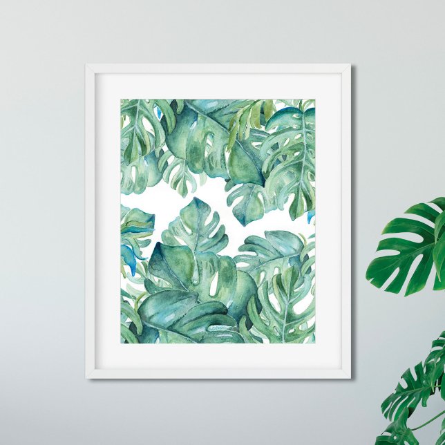 Tropical Swiss Oost Plant Watercolor Art Poster (print of watercolor paintings by Victoria Grigaliunas monstera palm leaf watercolor art)