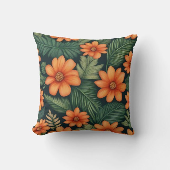 Tropical Tangelo: Vibrant Blommigt Oasis Kudde (Framsida)
