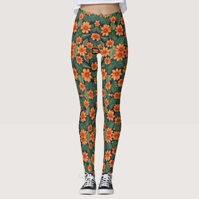 Tropical Tangelo: Vibrant Blommigt Oasis Leggings (Framsida)