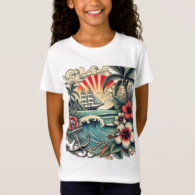 Tropical Tattoo Art Beach Paradise T-Shirt (Framsida)