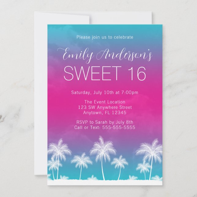 Tropical Teal Rosa Sweet 16 Birthday Inbjudningar (Framsida)