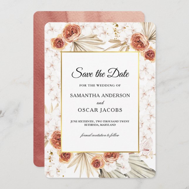 Tropical Terracotta Torkad Blommigt Spara Datumet (Fram/baksida)