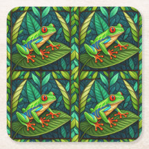 Tropical-themed coasters with vibrant green leaves