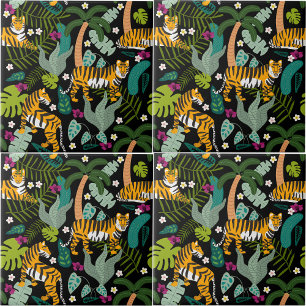 Tropical Tiger Black Botanical Jungle Safari Cats Kakelplatta